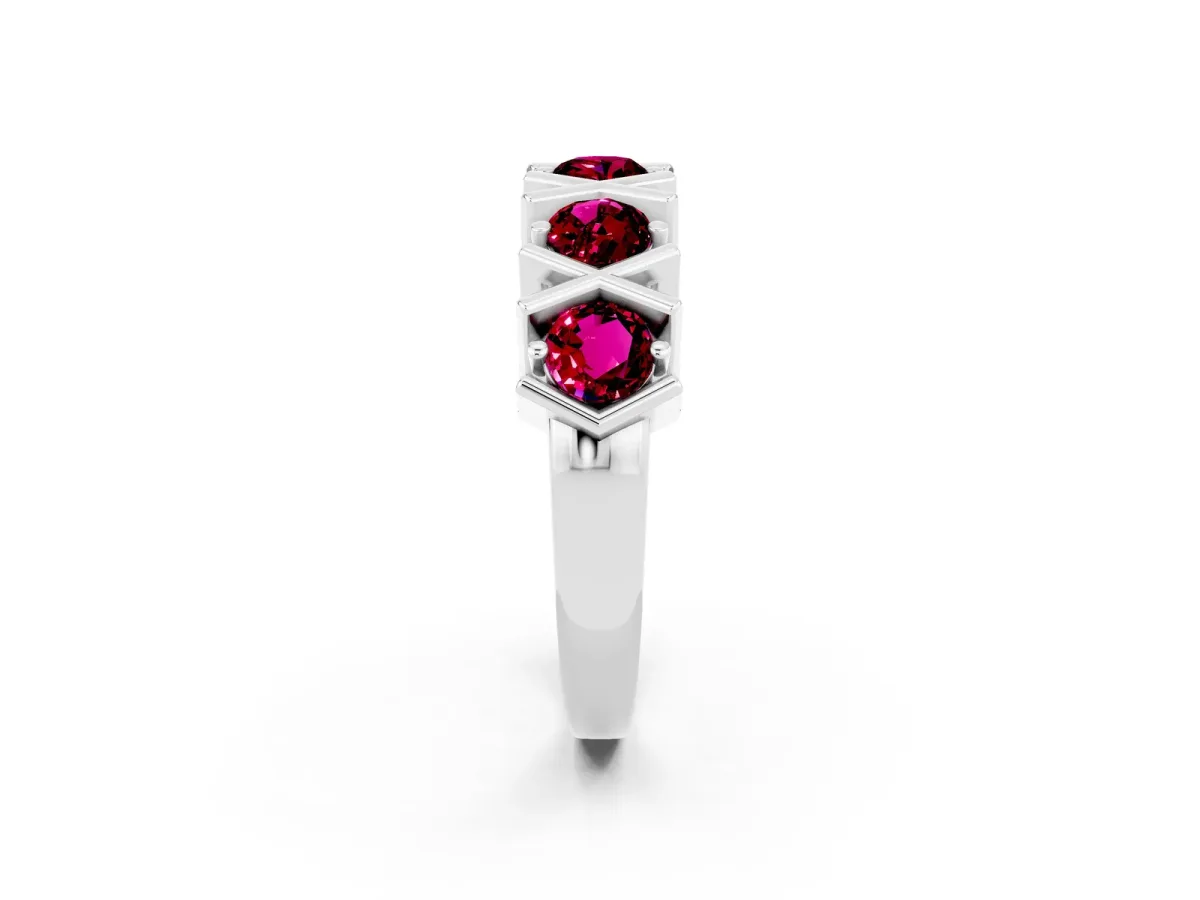 Round Garnet Channel Set Band with X-Prong Detail Silver