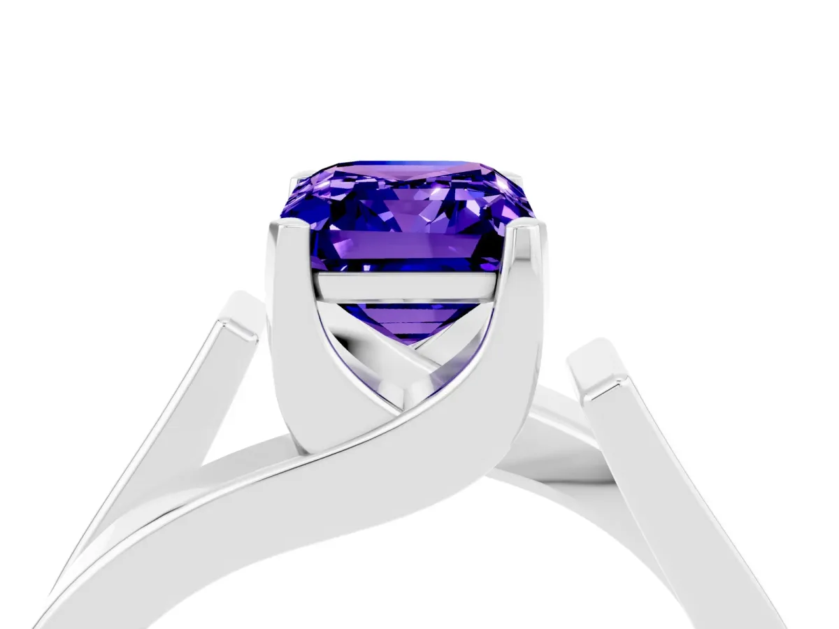Modern Tension Set Emerald Cut Tanzanite Solitaire Wide Band Ring Silver
