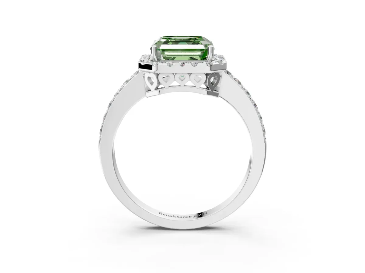 Fancy Green Asscher Cut Halo Diamond Pavé Band Ring with Prong Setting Silver
