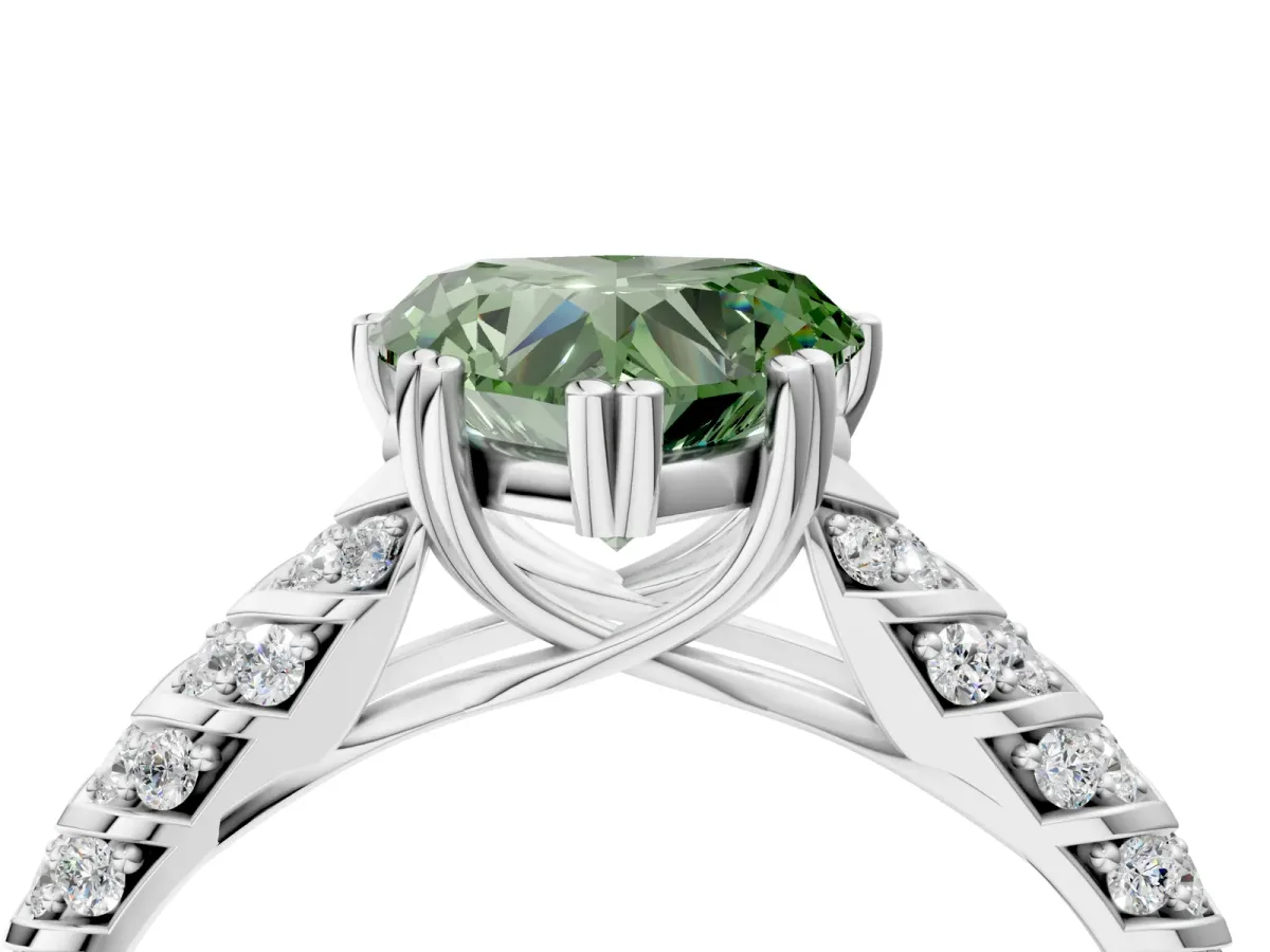 Fancy Green Heart Cut Solitaire Chevron Pave Diamond Engagement Ring with Six-Prong Setting Platinum