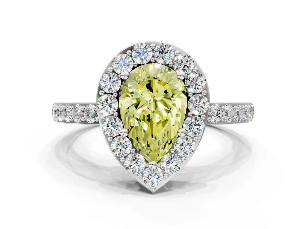 Fancy Yellow Pear Cut Halo Diamond Pavé Band Ring with Prong Setting Platinum