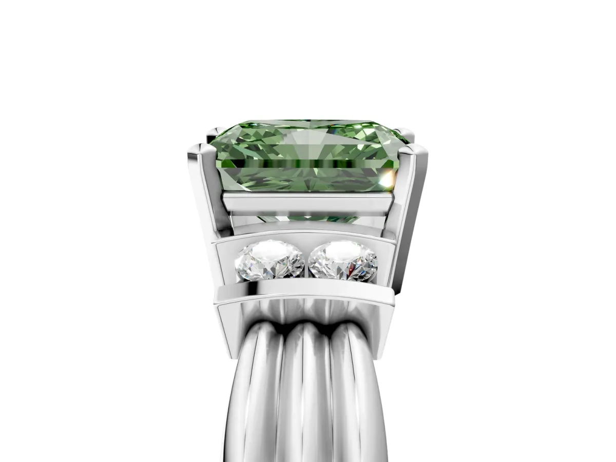 Fancy Green Radiant Cut Cut Three-Stone Channel Set Ring with Bar Prongs Platinum