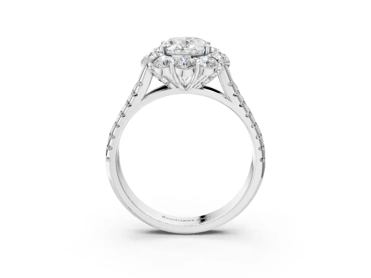 Oval Cut Halo Split Shank Diamond Engagement Ring with Pave Band and Four-Prong Setting Silver