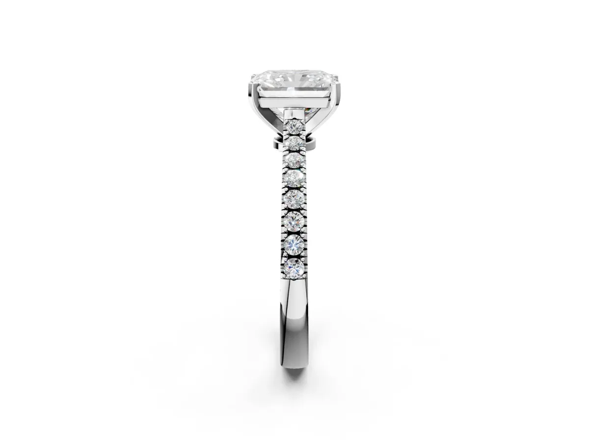 Radiant Cut Cut Solitaire Diamond Engagement Ring with Pave Band and Four-Prong Setting Silver