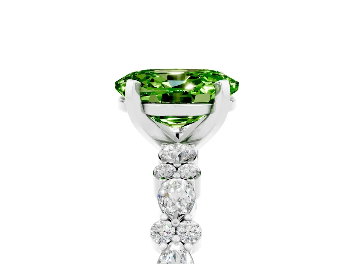 Oval Cut Peridot Side Stone Solitaire Ring with Round and Four-Prong Setting White gold