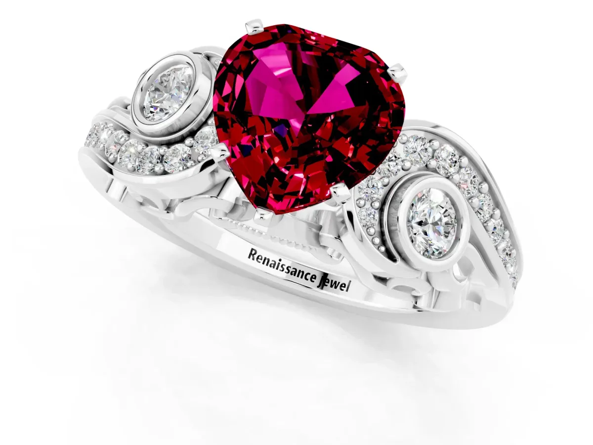 Heart Cut Garnet Solitaire Ring with Milgrain Pavé Band and Four-Prong Setting Silver