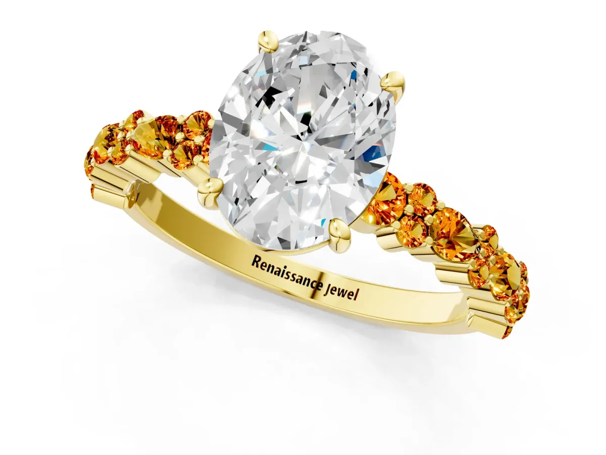 Oval Cut Diamond Side Stone Solitaire Ring with Round Citrine and Four-Prong Setting Yellow gold