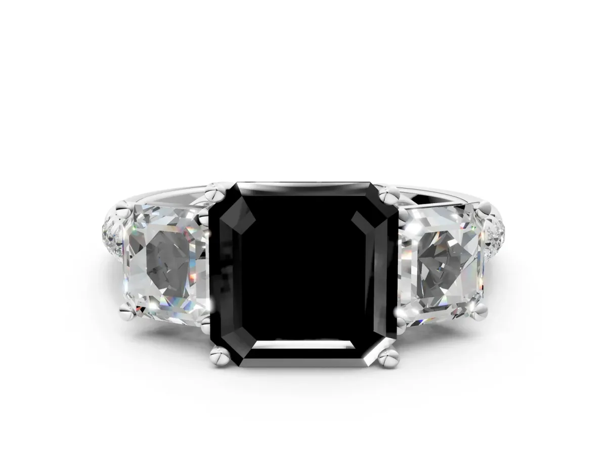 Fancy Black Three-Stone Asscher Cut Diamond Ring with Round Pavé Band and Prong Setting White gold