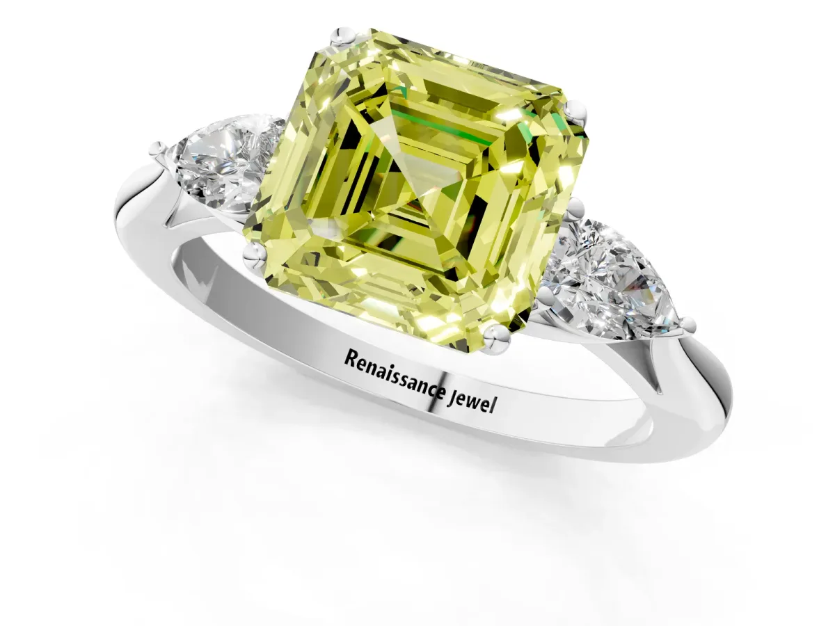 Fancy Yellow Three-Stone Asscher Cut Diamond Ring with Pear Side Stones in Four-Prong Setting Platinum