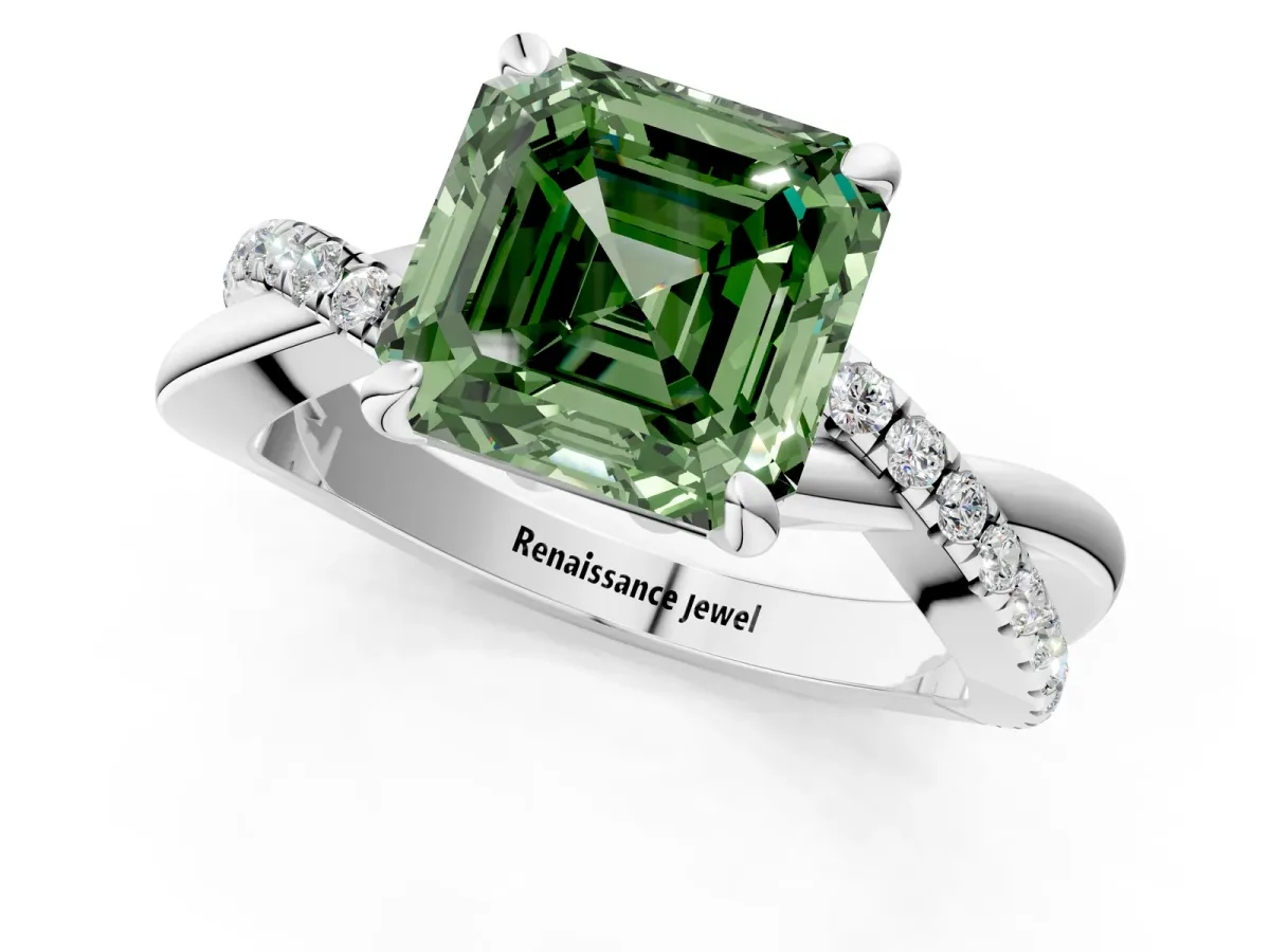 Fancy Green Asscher Cut Cut Twist Band Solitaire Diamond Ring with Pavé Setting Platinum