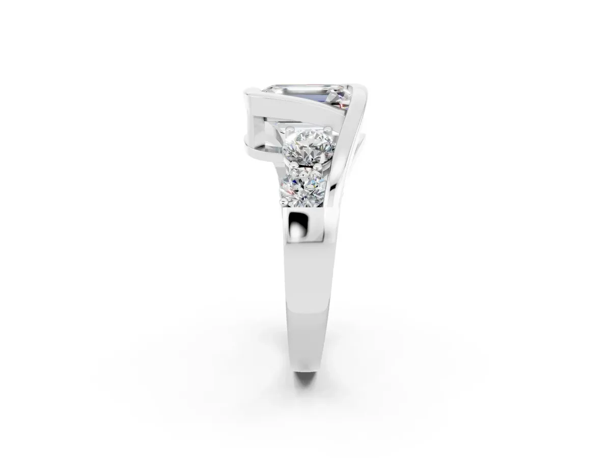 Bezel Set Emerald Cut Moissanite Bypass Ring with Round Accents Silver