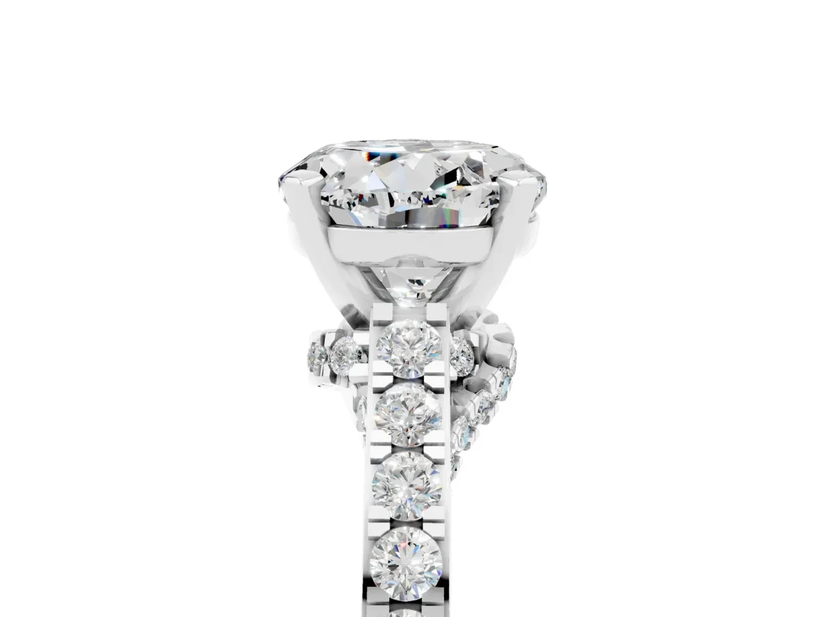 Round Cut Moissanite Solitaire Ring with Crossover Gallery and Round Pavé Band Silver