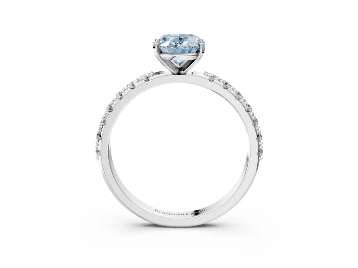Fancy Blue Oval Cut Diamond Solitaire Pavé Band with Four-Prong Setting Silver