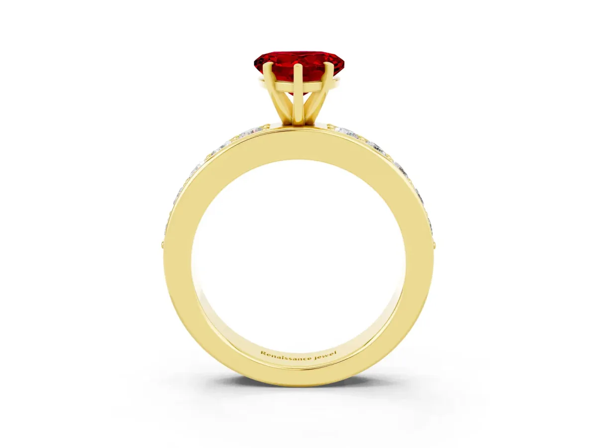 Heart Cut Ruby Engagement Ring with Channel Set Round Band and Prong Setting Yellow gold