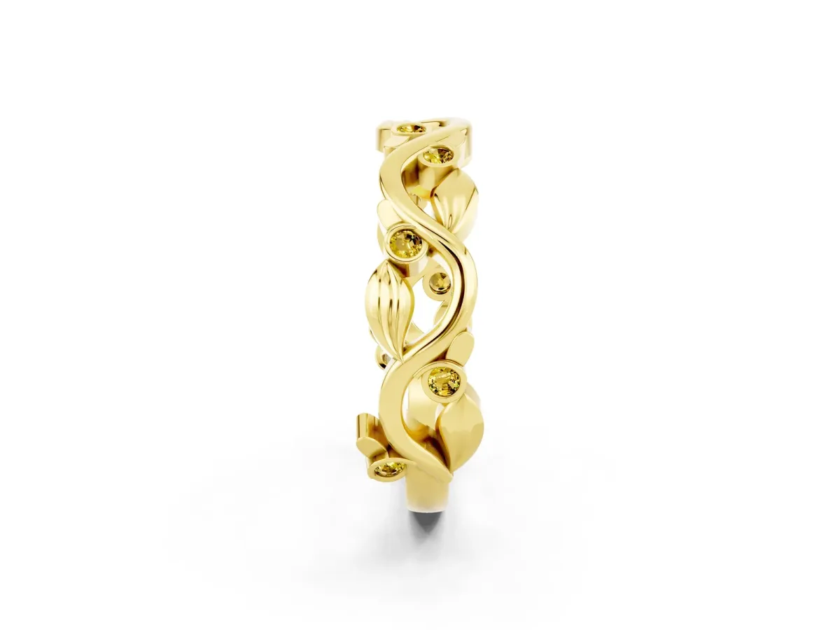 Round Yellow Sapphire Leaf Eternity Band with Bezel Setting Yellow gold