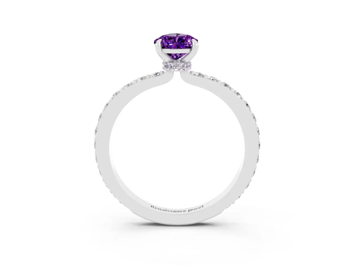 Pear Cut Amethyst Solitaire Engagement Ring with Pavé Band and Four-Prong Setting Silver