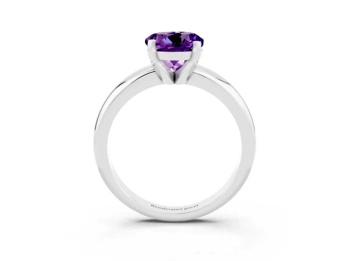Round Cut Amethyst Solitaire Engagement Ring with Round Band and Four-Prong Setting Silver