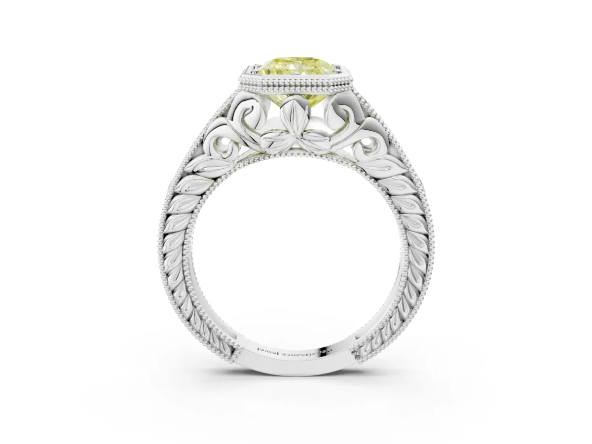 Fancy Yellow Bezel Set Radiant Cut Diamond Milgrain Pave Engagement Ring Platinum