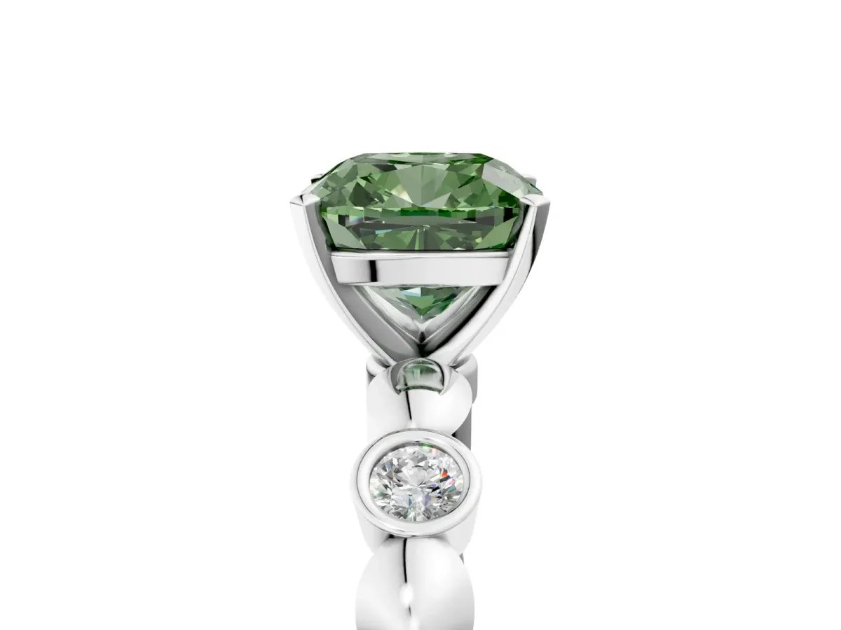 Fancy Green Cushion Cut Solitaire Bezel-Set Diamond Ring with Beaded Band and Four-Prong Setting Silver