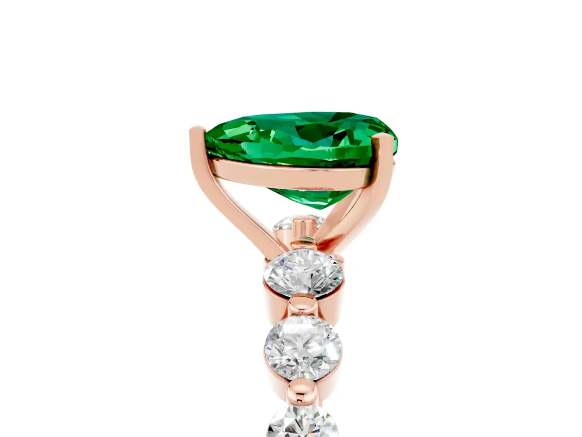 Heart Cut Solitaire Emerald Ring with Pave Band and Four-Prong Setting Rose gold