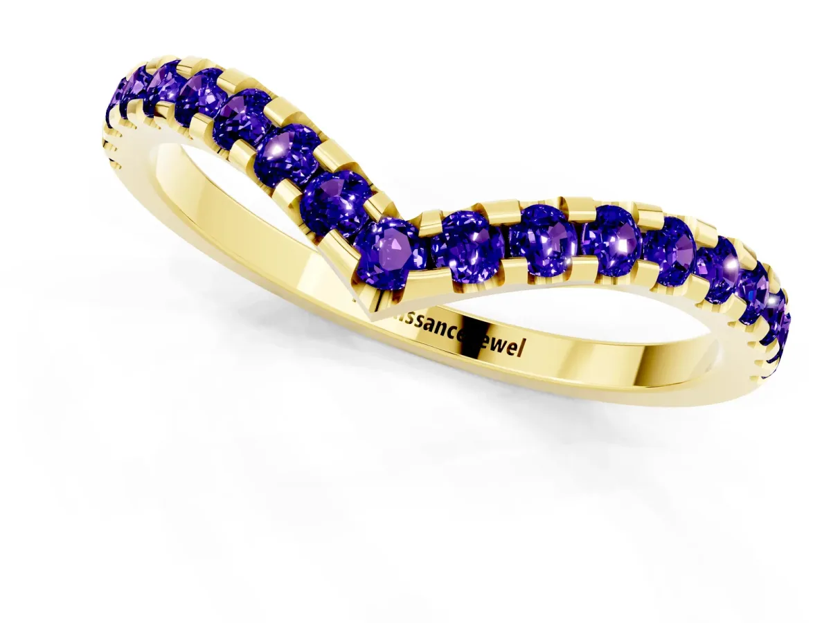 Pavé Round Tanzanite Chevron Band with Shared Prong Setting Yellow gold