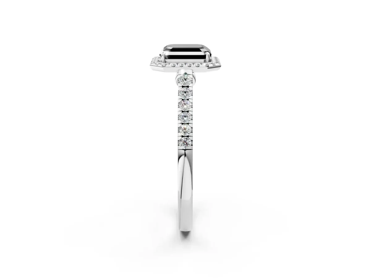 Fancy Black Asscher Cut Halo Pave Diamond Engagement Ring with Four-Prong Setting Platinum