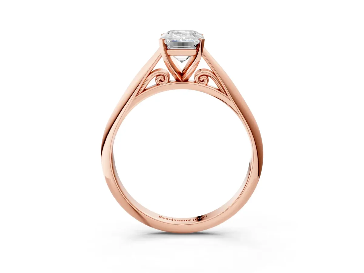 Emerald Cut Diamond Solitaire Engagement Ring with Cathedral Setting and Four-Prong Mount Rose gold