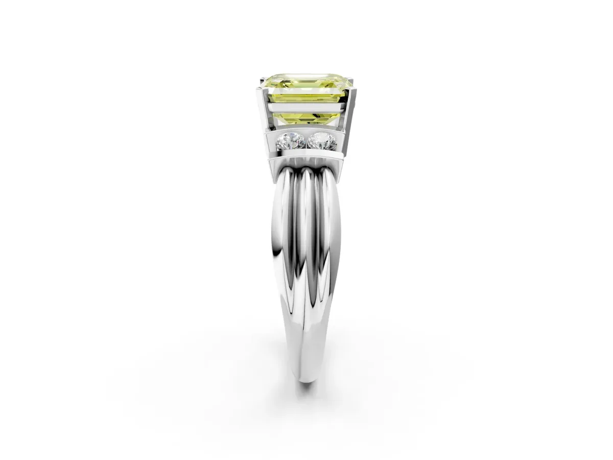 Fancy Yellow Asscher Cut Cut Three-Stone Channel Set Ring with Bar Prongs Platinum