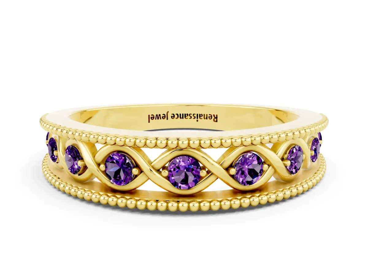 Round Amethyst Twist Milgrain Band with Bezel Setting Yellow gold