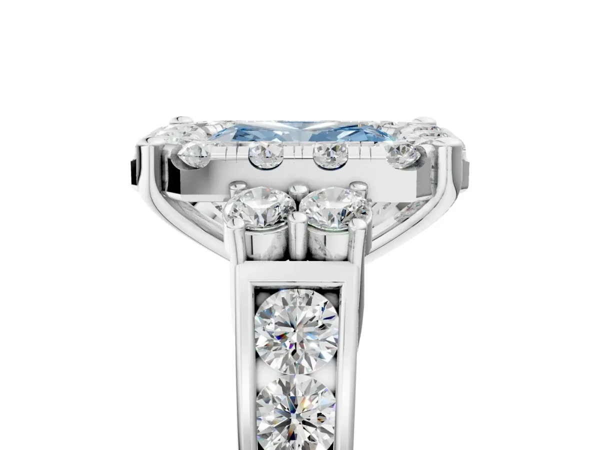 Fancy Blue Radiant Cut Halo Diamond Engagement Ring with Split Shank and Four-Prong Setting Platinum