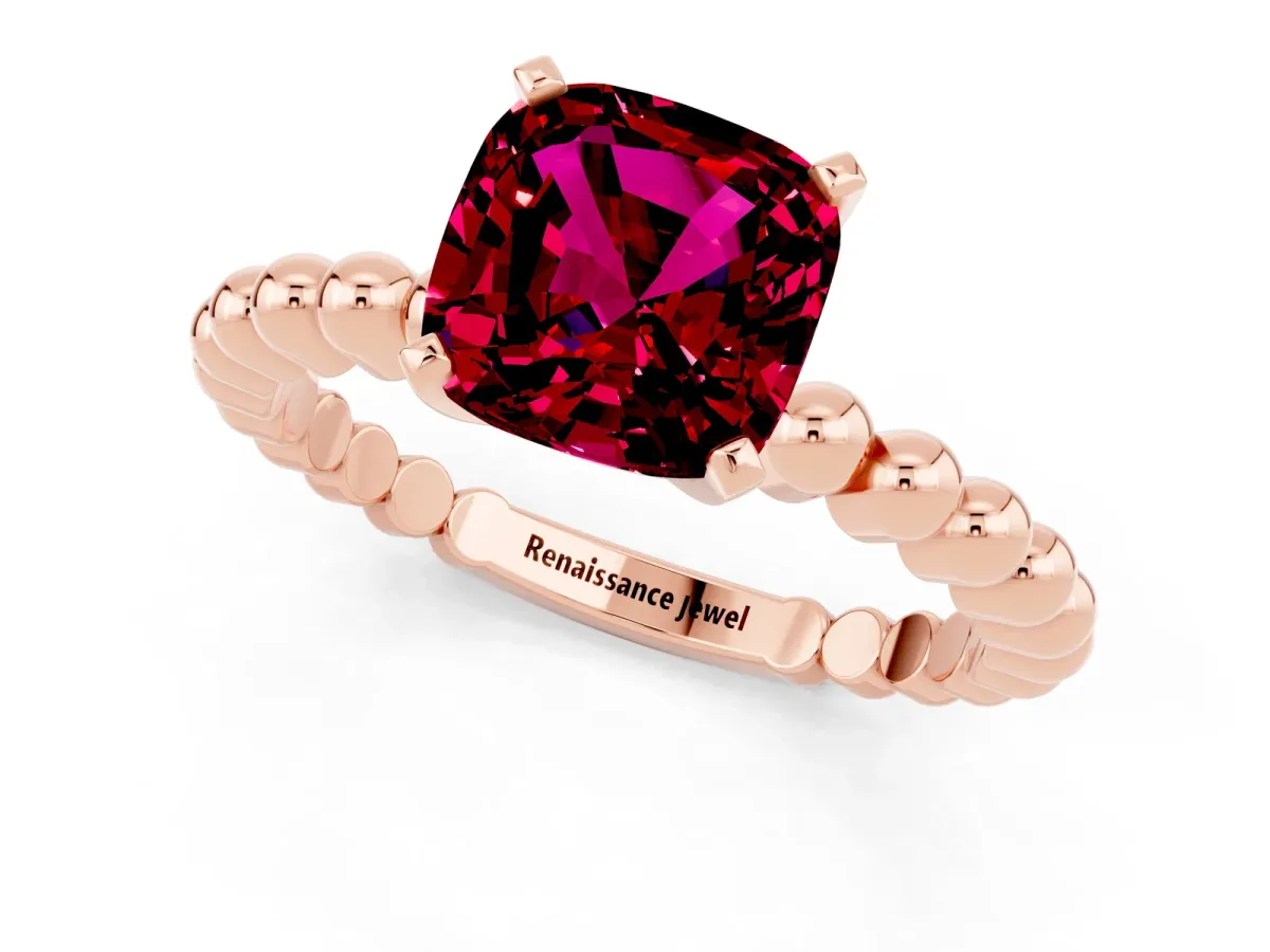 Cushion Cut Garnet Solitaire Ring with Beaded Band and Prong Setting Rose gold