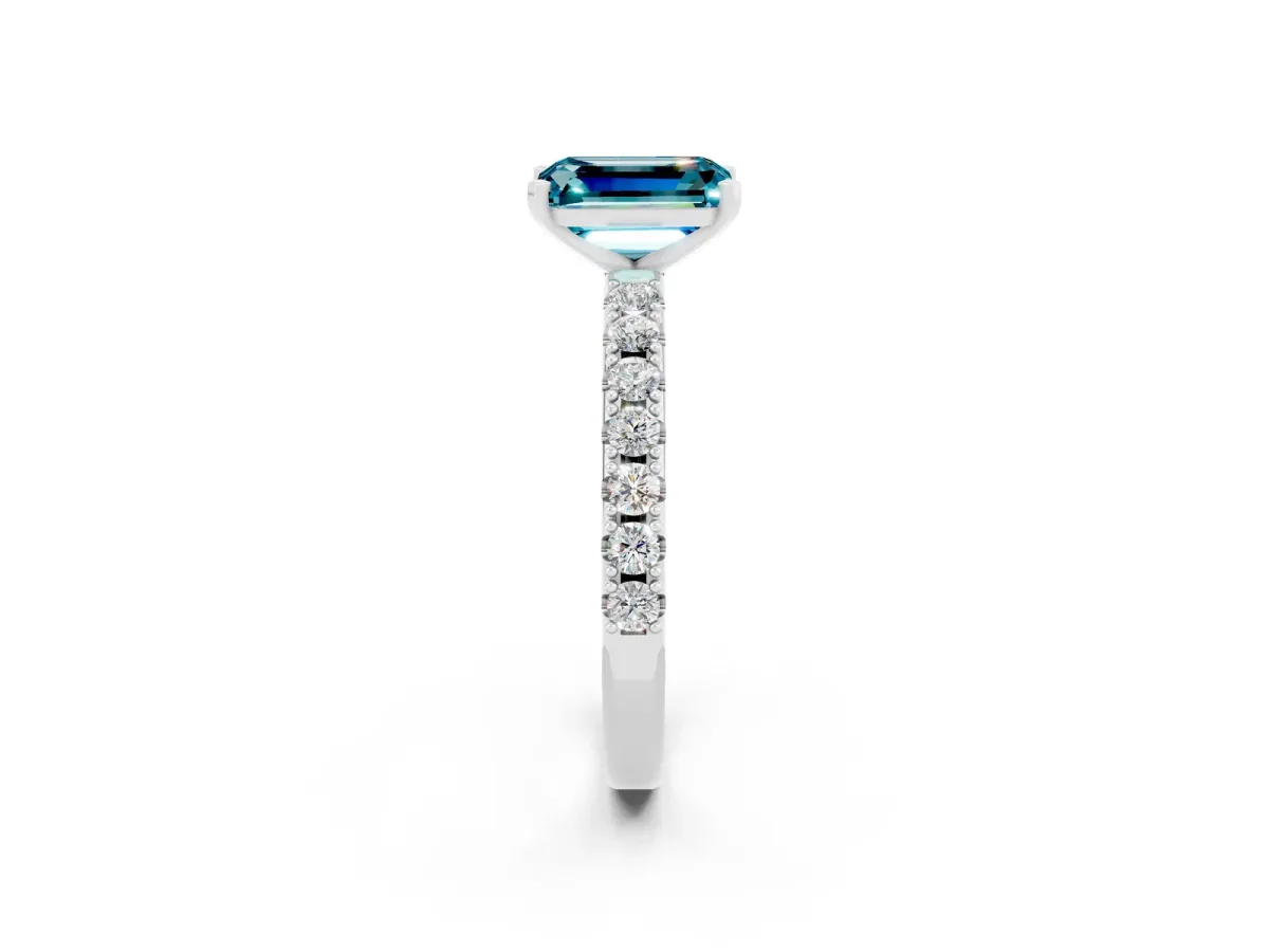 Emerald Cut Blue Topaz Solitaire Pavé Band with Four-Prong Setting Silver