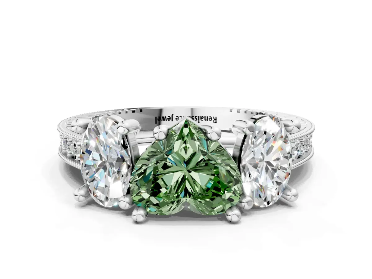 Fancy Green Three-Stone Heart Cut Diamond Milgrain Pave Band with Prong Setting Platinum