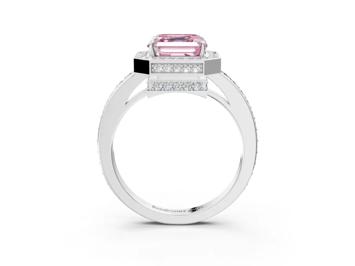 Fancy Pink Asscher Cut Halo Pave Band Solitaire Ring with Prong Setting Platinum