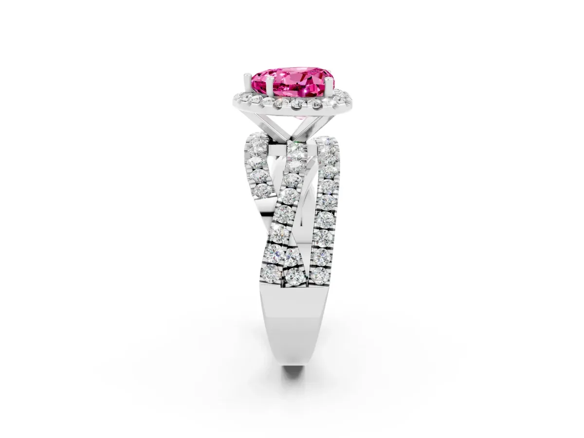 Heart Cut Pink Sapphire Halo Ring with Round Split Shank and Prong Setting Platinum