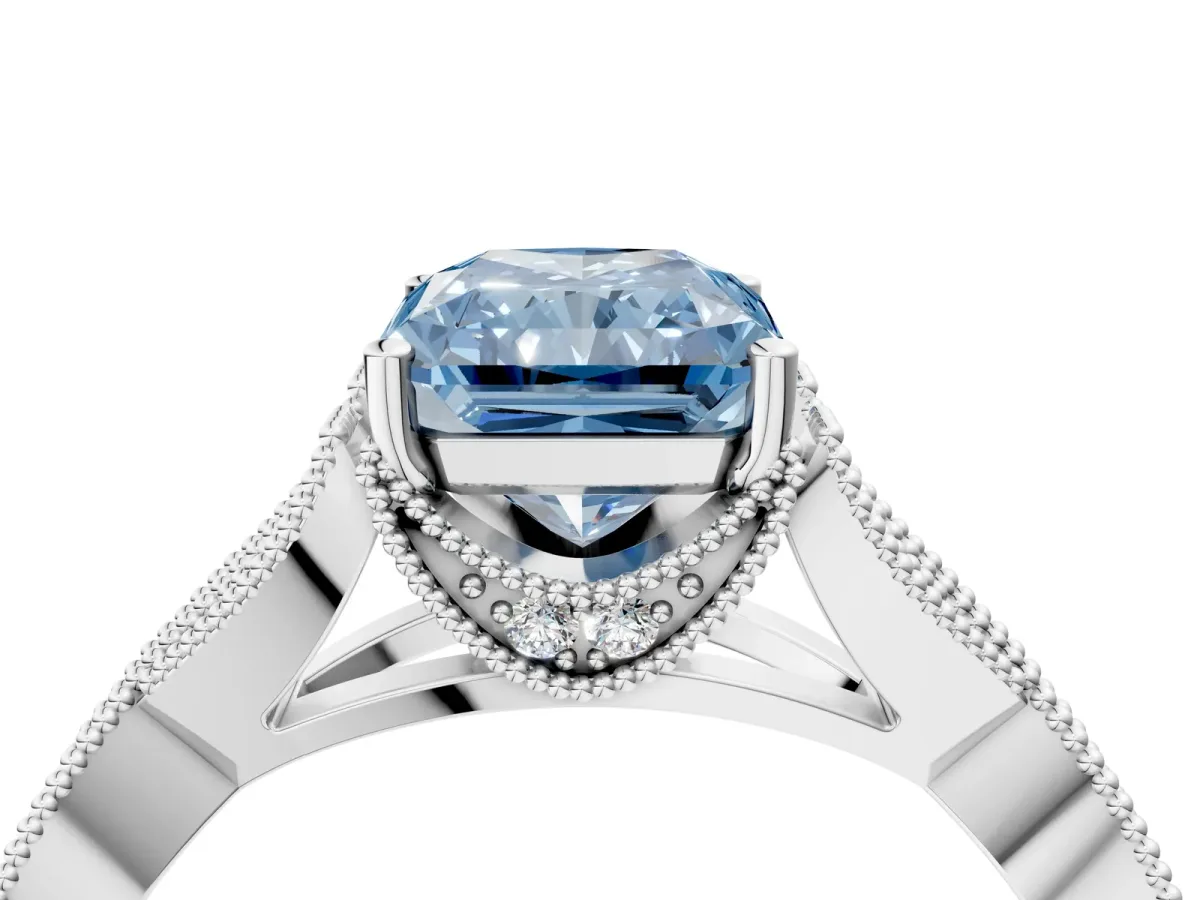 Fancy Blue Radiant Cut Cut Diamond Twisted Band with Milgrain Pave Setting and Four-Prong Setting Platinum