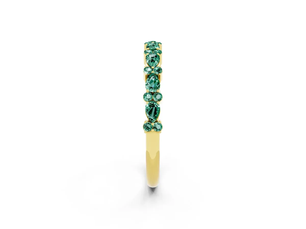 Pear and Round Green Sapphire Wedding Band Yellow gold