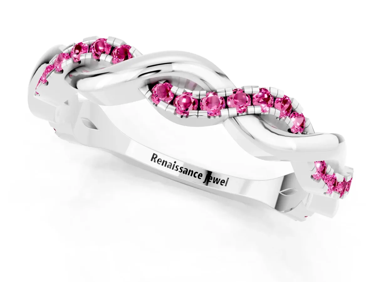 Round Pink Sapphire Twist Eternity Band with Pavé Setting Silver