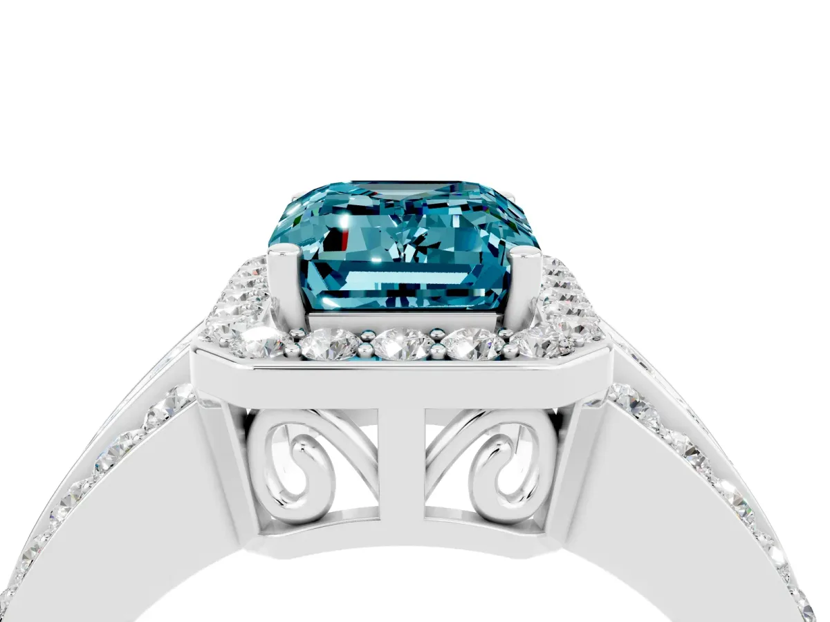 Emerald Cut Halo Blue Topaz Ring with Round Split Shank and Prong Setting Platinum