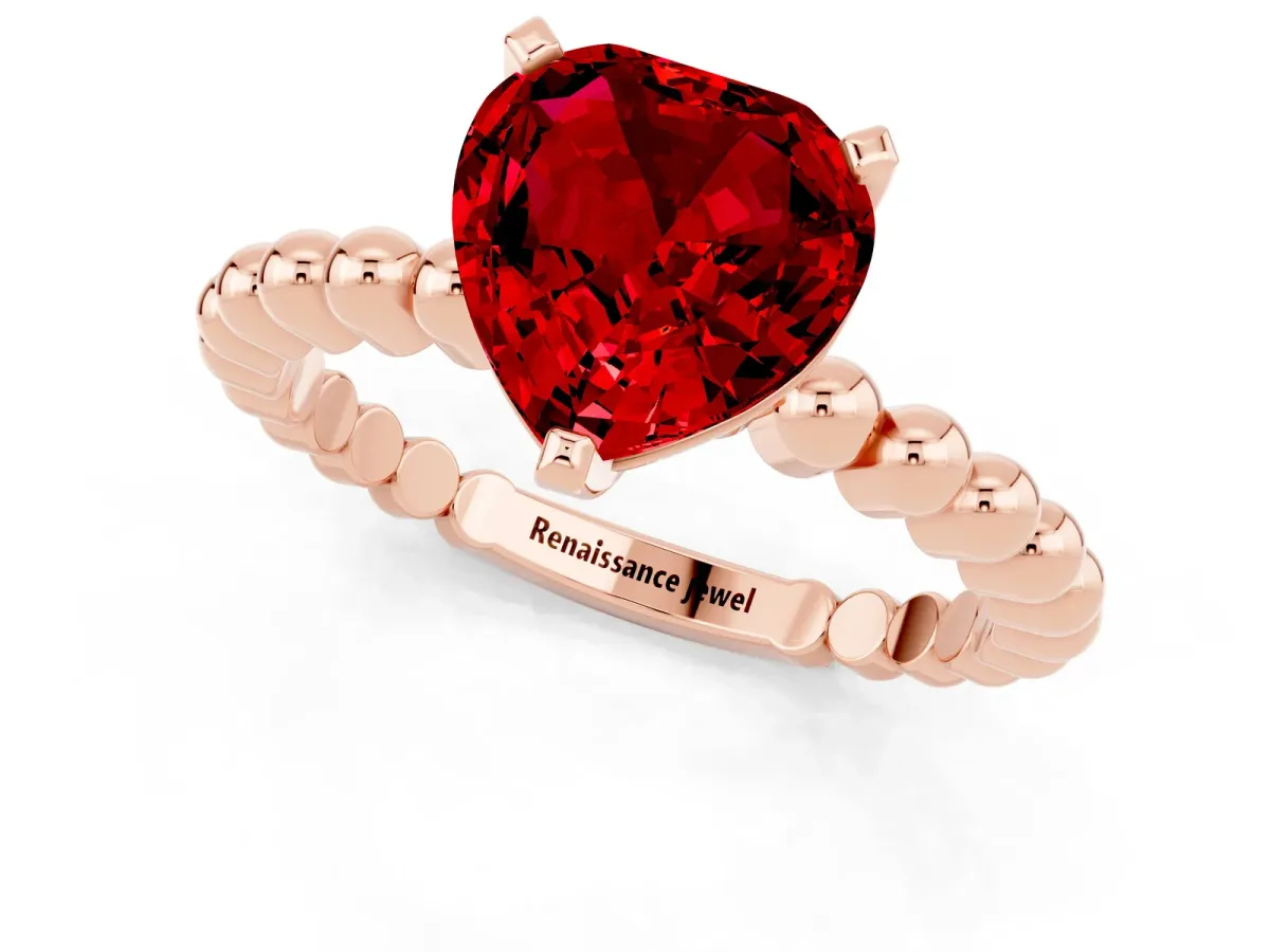 Heart Cut Ruby Solitaire Ring with Beaded Band and Prong Setting Rose gold