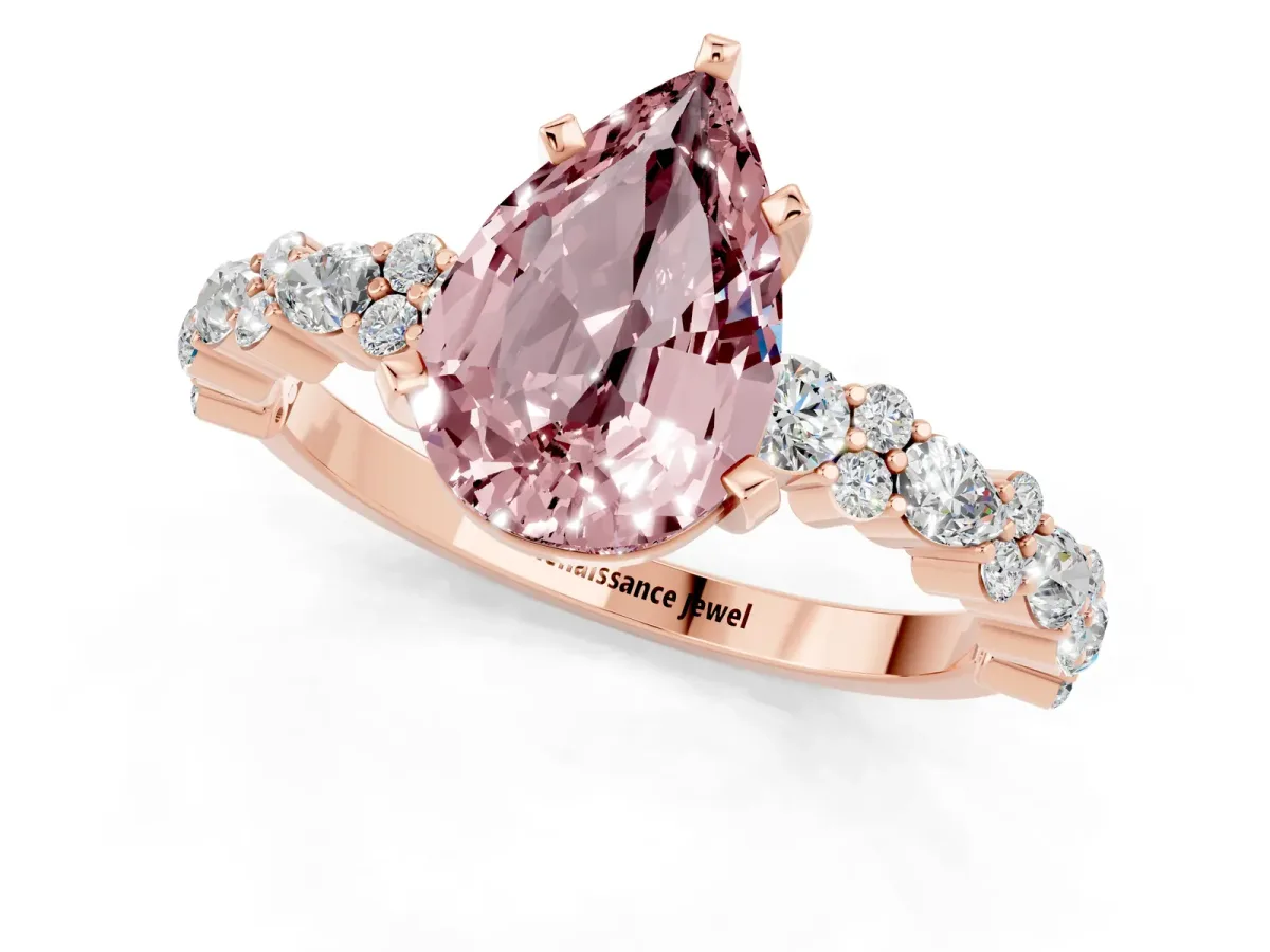 Pear Cut Morganite Side Stone Solitaire Ring with Round and Four-Prong Setting Rose gold
