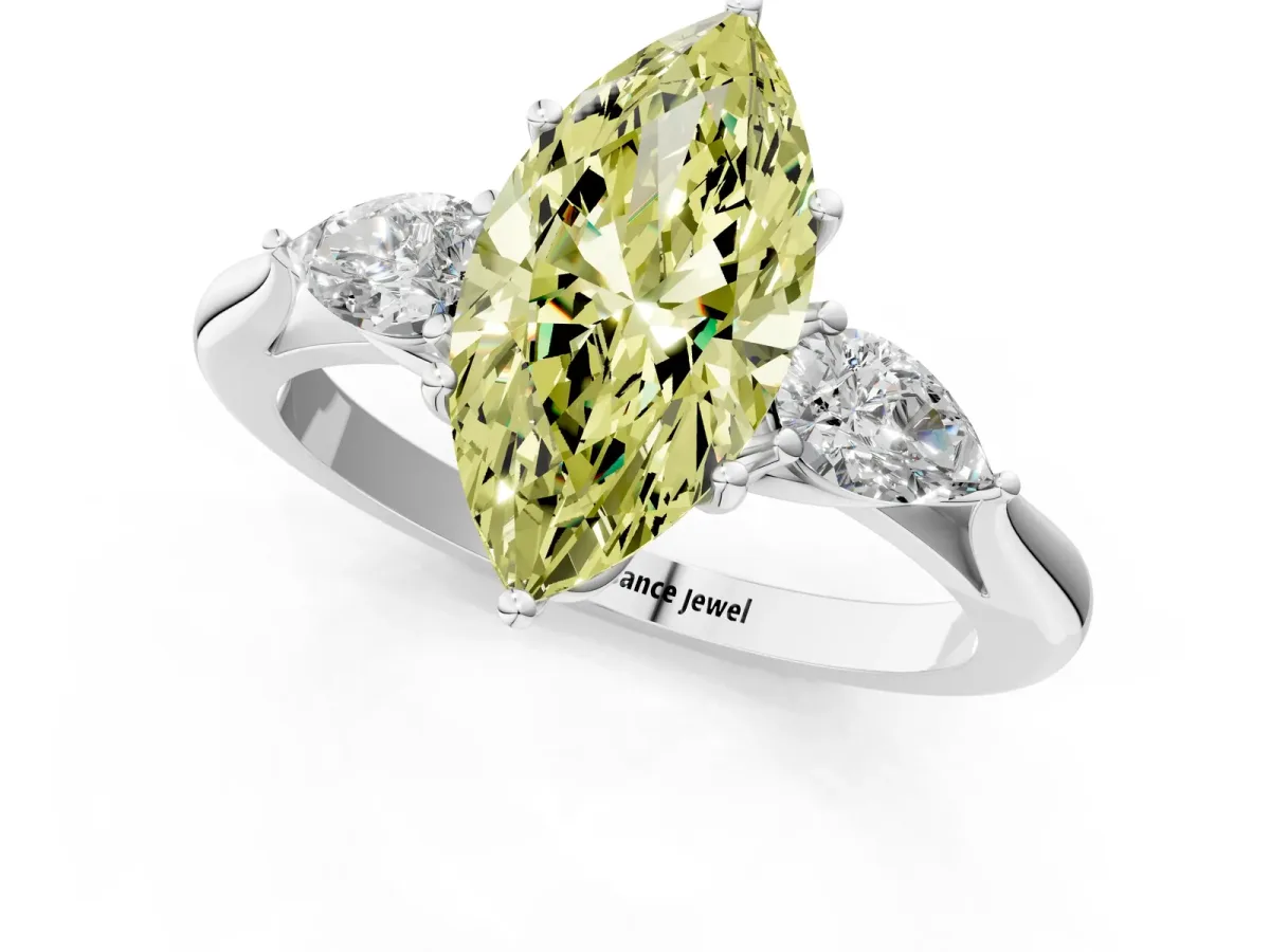 Fancy Yellow Marquise Cut Diamond Three-Stone Ring with Pear Side Stones and Prong Setting White gold