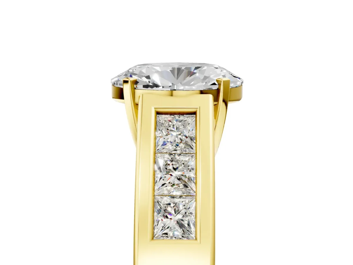 Oval Cut Cut Channel Set Solitaire Ring with Four-Prong Setting Yellow gold