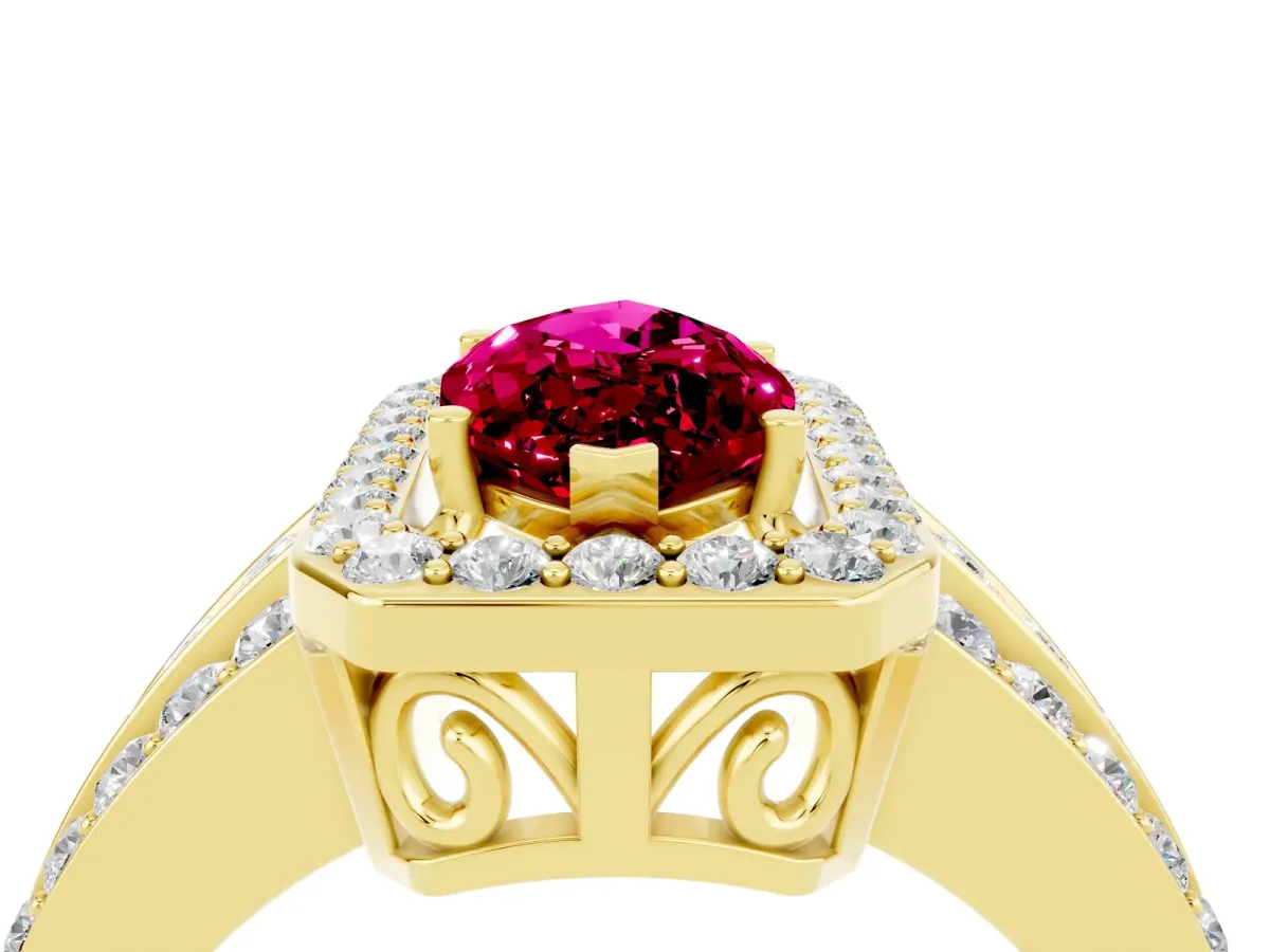 Marquise Cut Halo Garnet Ring with Round Split Shank and Prong Setting Yellow gold