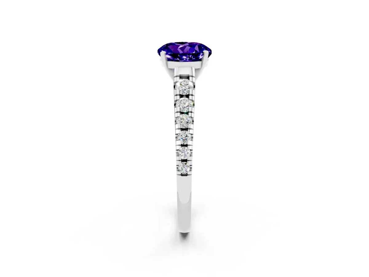 Round Cut Tanzanite Cathedral Solitaire Ring with Round Pavé Band Silver