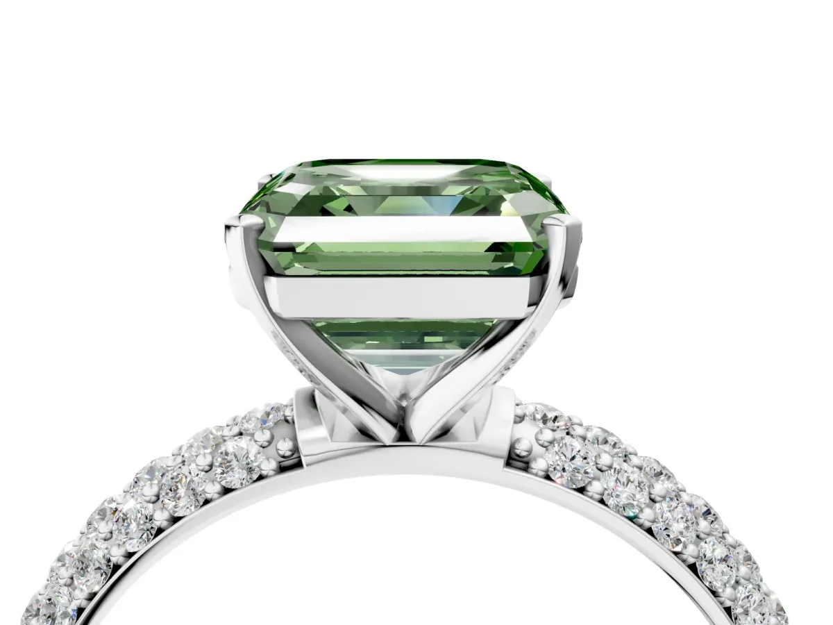 Fancy Green Asscher Cut Diamond Solitaire Ring with Prong Setting and Pavé Band Platinum