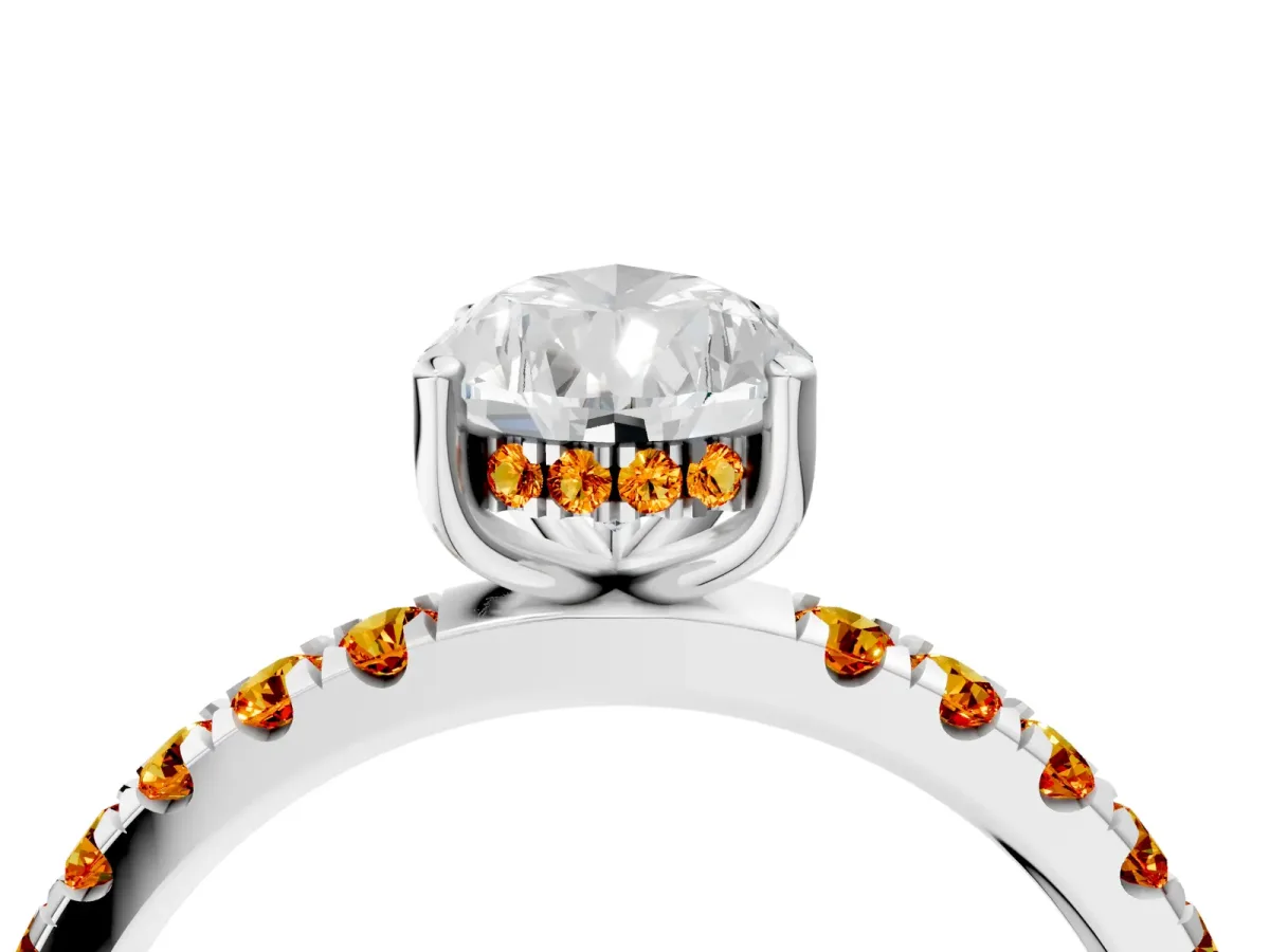 Pear Cut Diamond Pave Band Solitaire Ring with Round Citrine and Prong Setting White gold