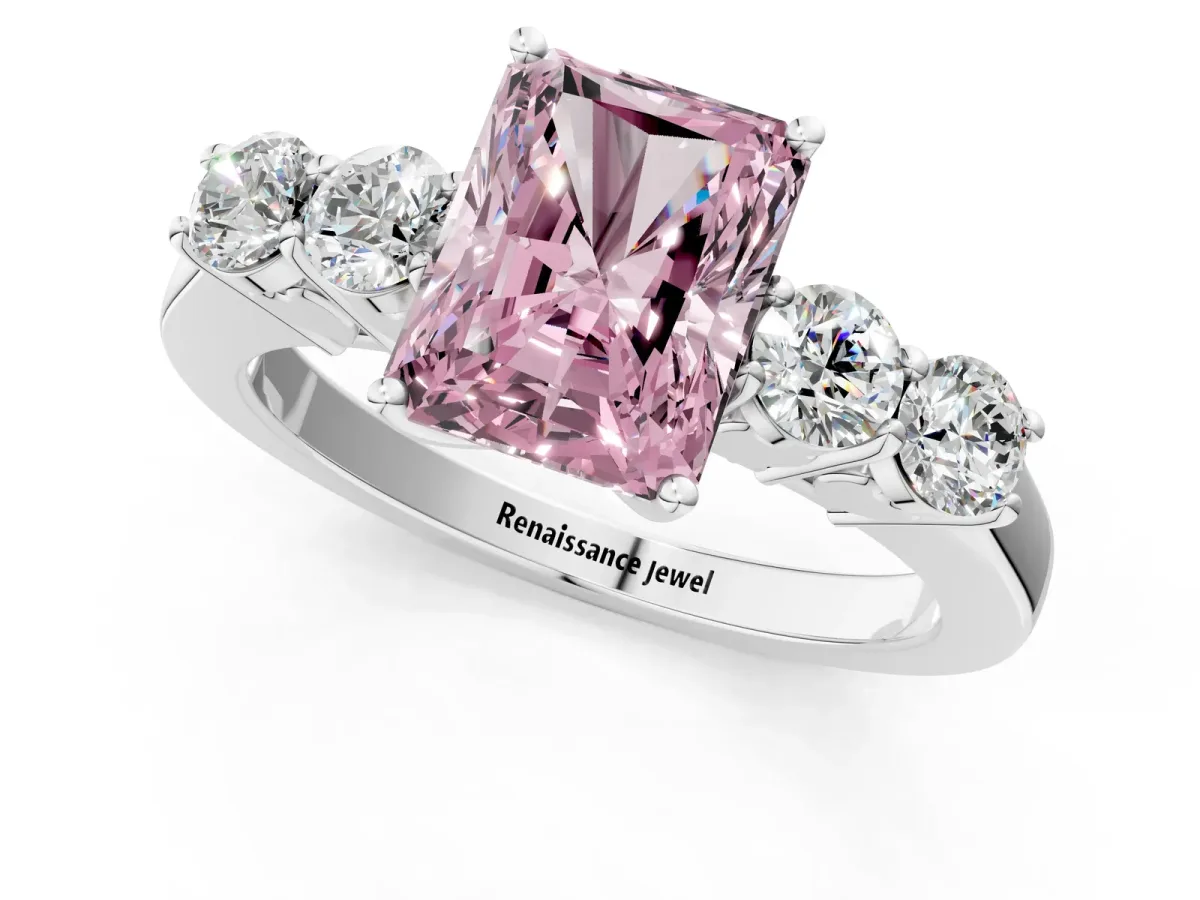 Fancy Pink Radiant Cut Cut Diamond Five-Stone Prong Set White Gold Ring Platinum