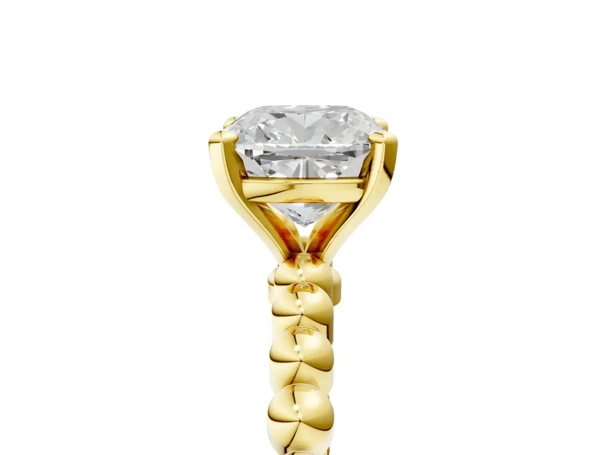 Cushion Cut Diamond Solitaire Ring with Beaded Band and Prong Setting Yellow gold
