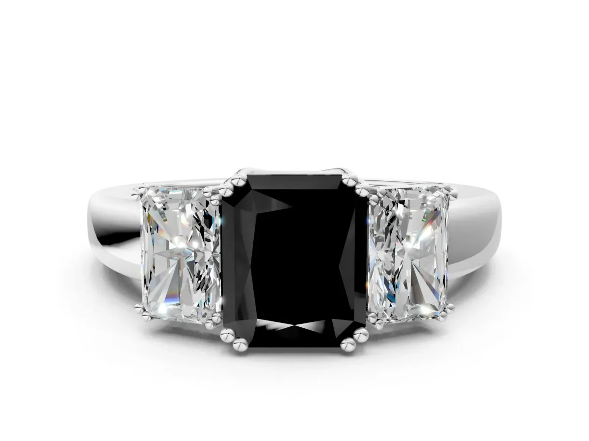 Fancy Black Three-Stone Radiant Cut Cut Diamond Ring with Channel Set Band and Four-Prong Setting Silver